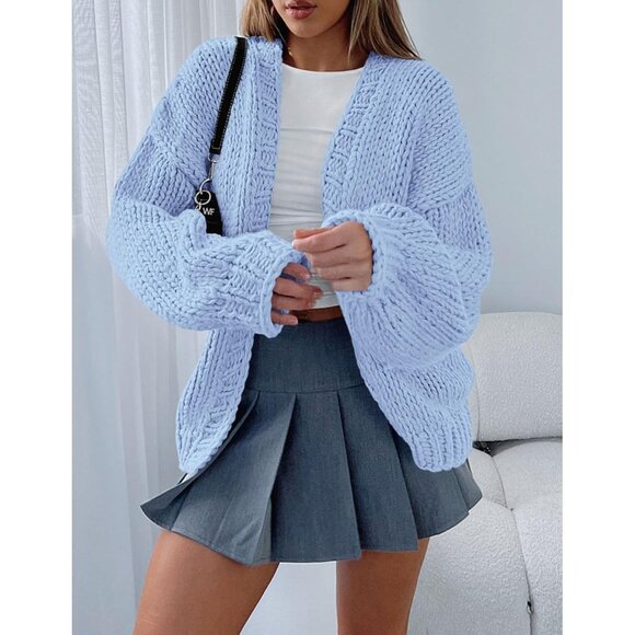 Womens Trendy Cardigan Sweaters Light Blue Long Sleeve Chunky Knit Outfits - Picture 6 of 8